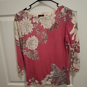 3/$15 TALBOTS Small Petite Pink Cream Black Floral Paisley 3/4 Sleeve‎ Knit Top